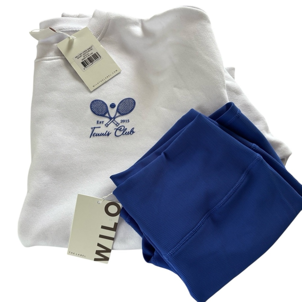 NWT WILO The Label 2 Piece Crew Sweatshirt & Shorts Tennis Club White & Blue Lg - Picture 2 of 15